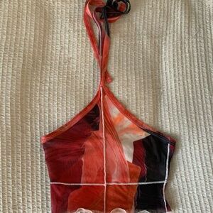 Princess Polly Katy Red Floral Mesh Halter Crop Top Tank Shirt Festival XS